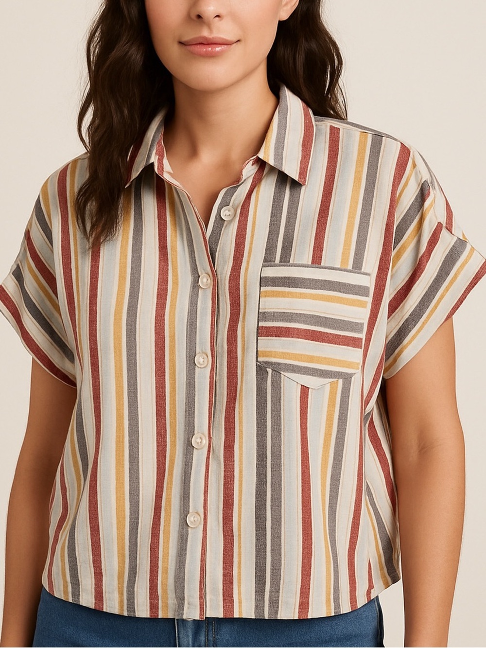 Workshop Linen blend camp shirt Striped Short-Sleeve Button-Up Shirt size large